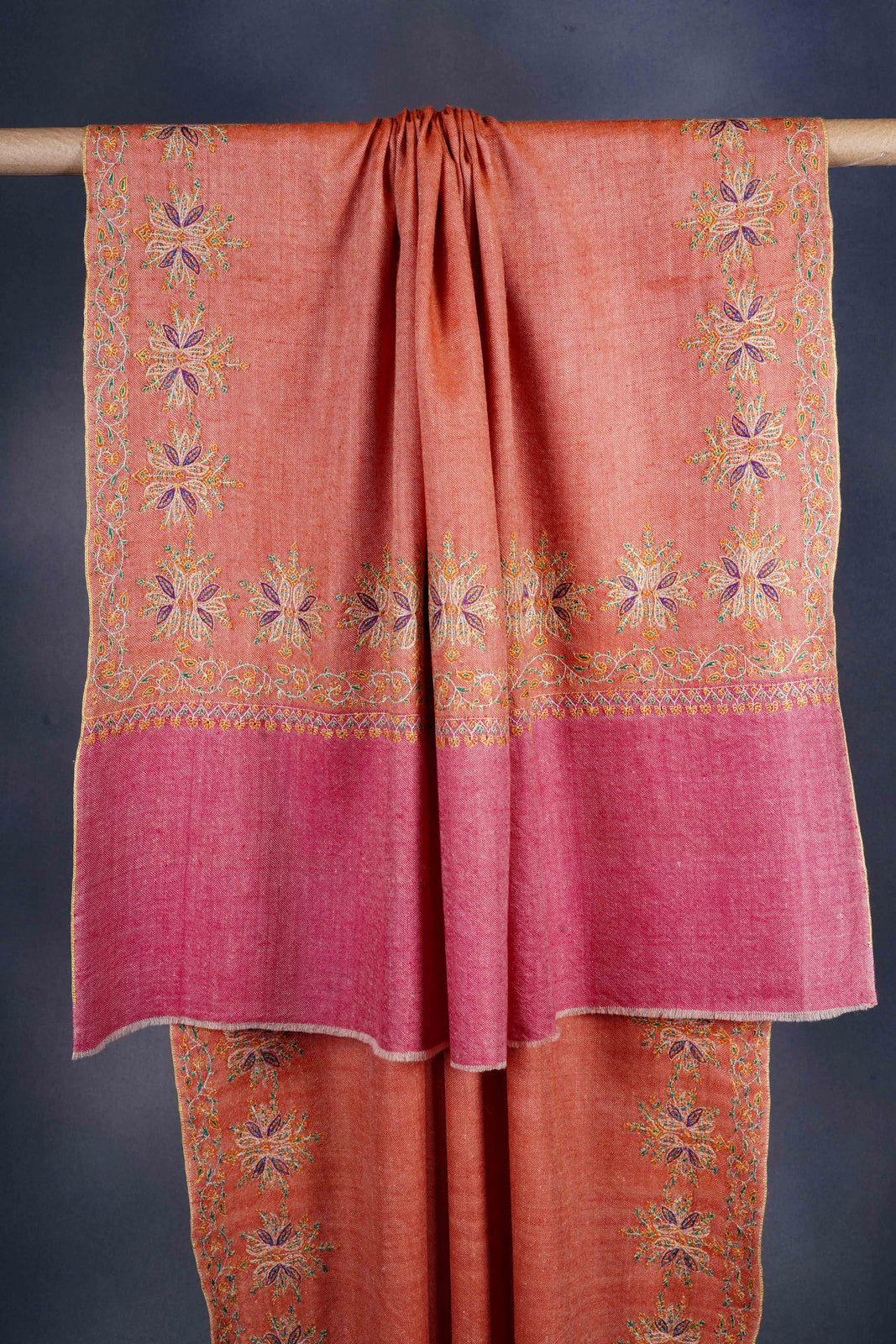 Pink and Brick Red Border Embroidery Cashmere Pashmina Shawl