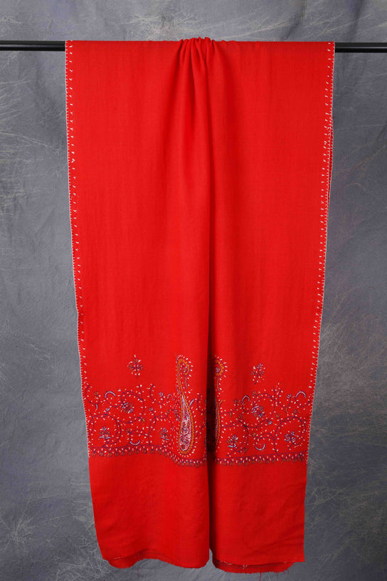 Red Big Border Sozni Embroidery Merino Wool Scarf