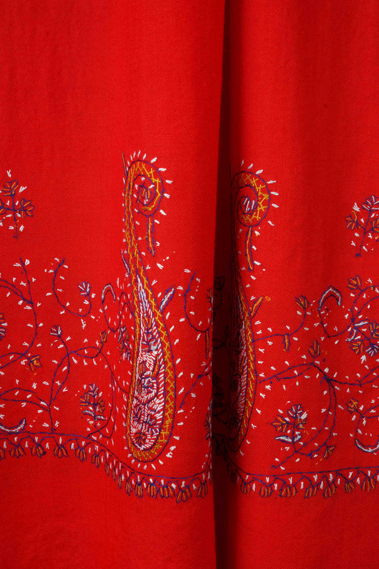 Red Big Border Sozni Embroidery Merino Wool Scarf