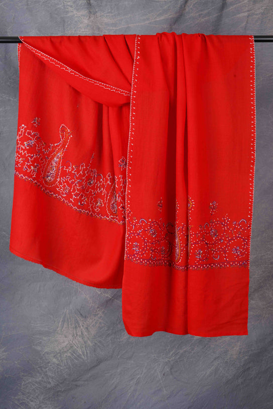 Red Big Border Sozni Embroidery Merino Wool Scarf