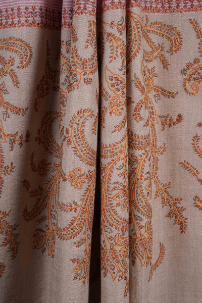 Pink and Natural Khadi Border Embroidery Cashmere Pashmina Shawl