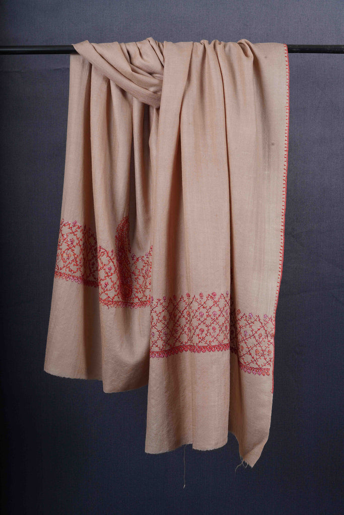 Natural Brown Base Big Border Green Sozni Embroidery Merino Wool Scarf