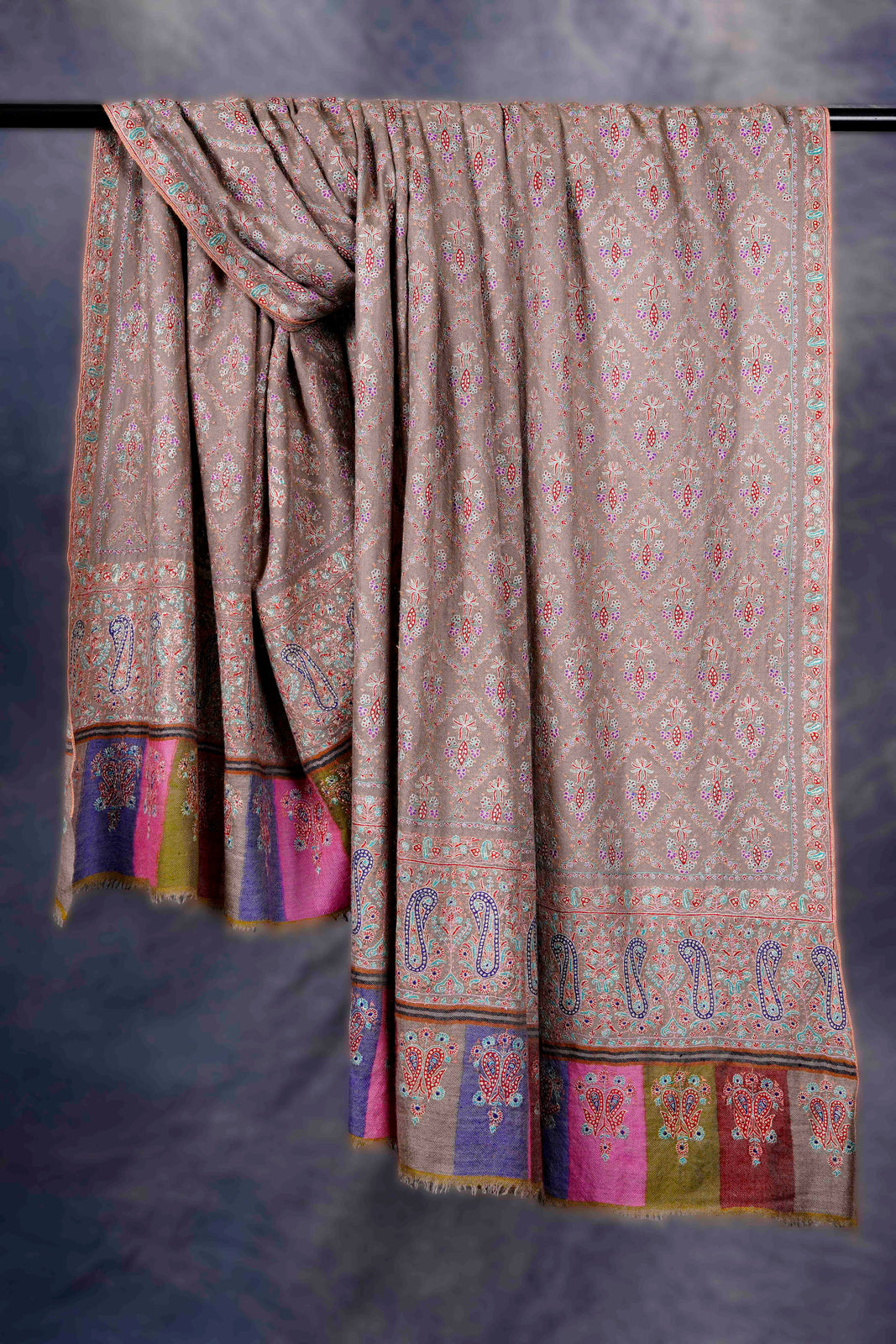 Natural Color with Multi-Color Border Pashmina Jamawar Embroidery Shawl