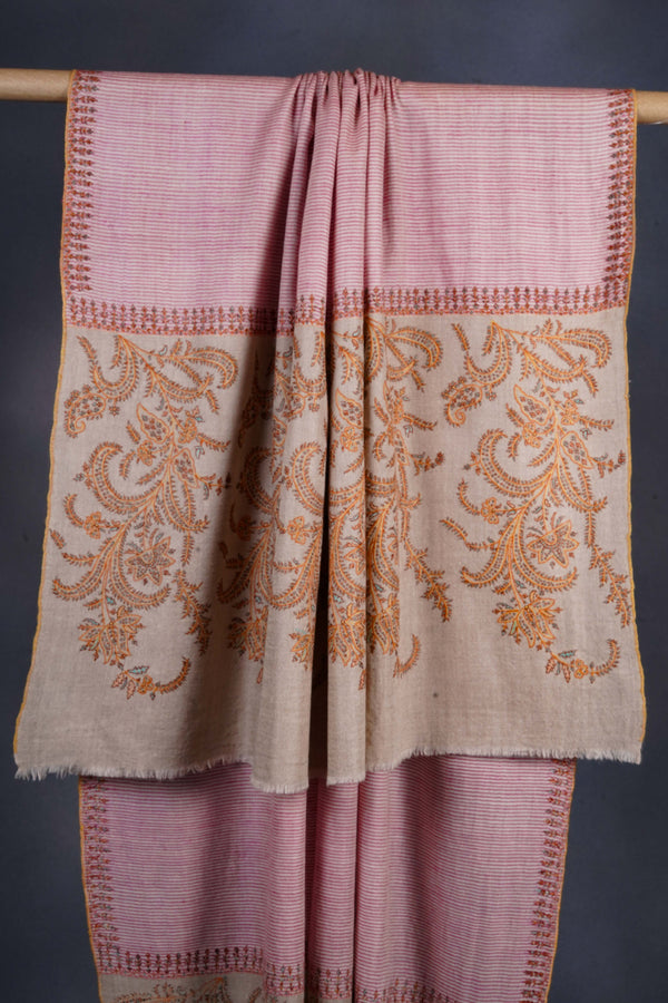 Pink and Natural Khadi Border Embroidery Cashmere Pashmina Shawl