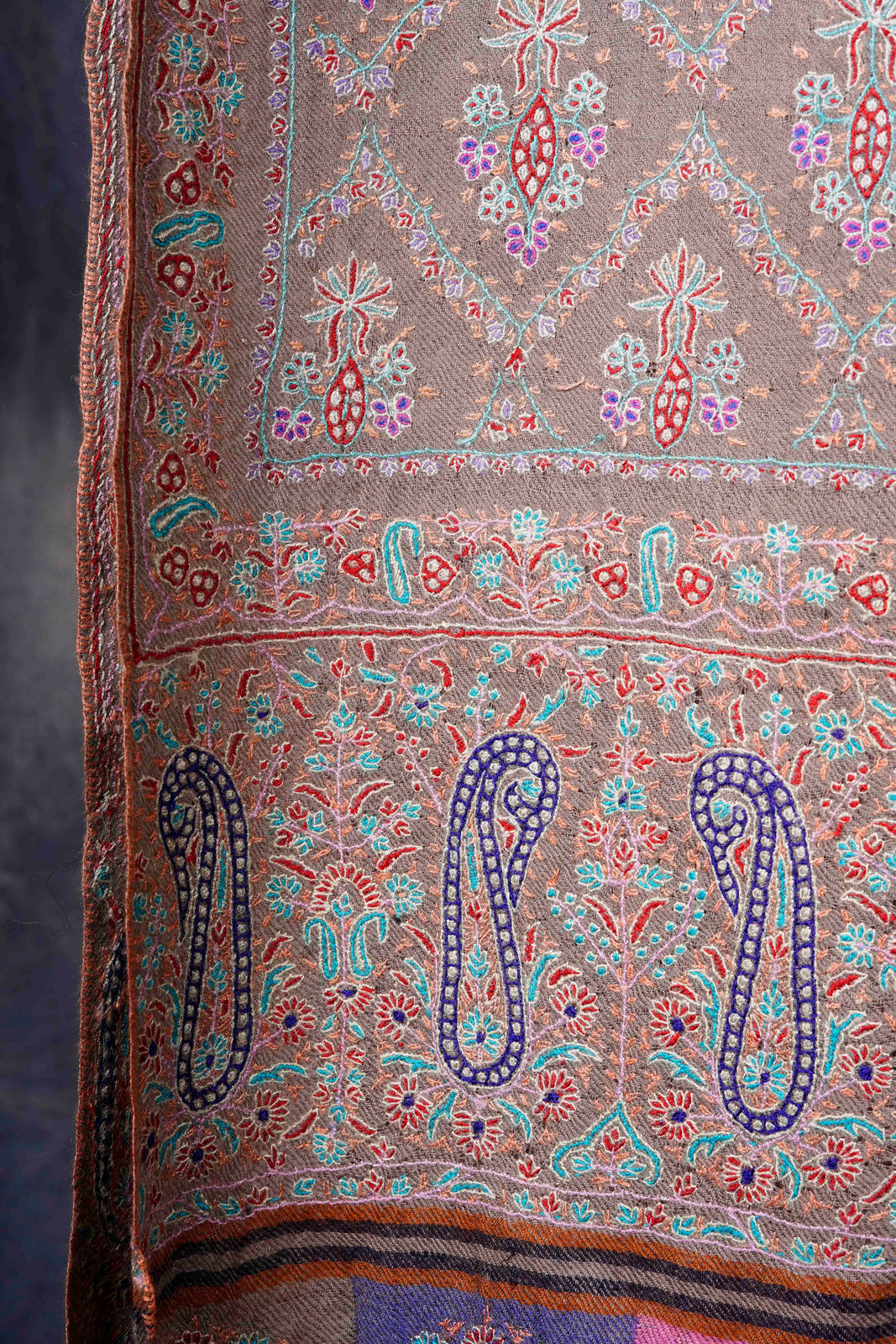 Natural Color with Multi-Color Border Pashmina Jamawar Embroidery Shawl