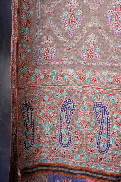 Natural Color with Multi-Color Border Pashmina Jamawar Embroidery Shawl