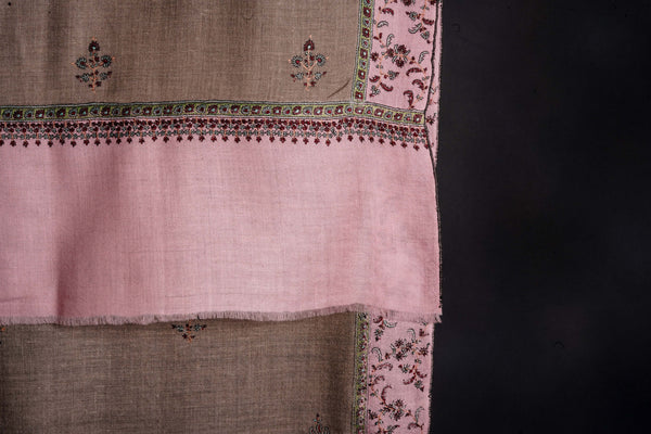 Natural with Pink Border Embroidery Cashmere Pashmina Shawl