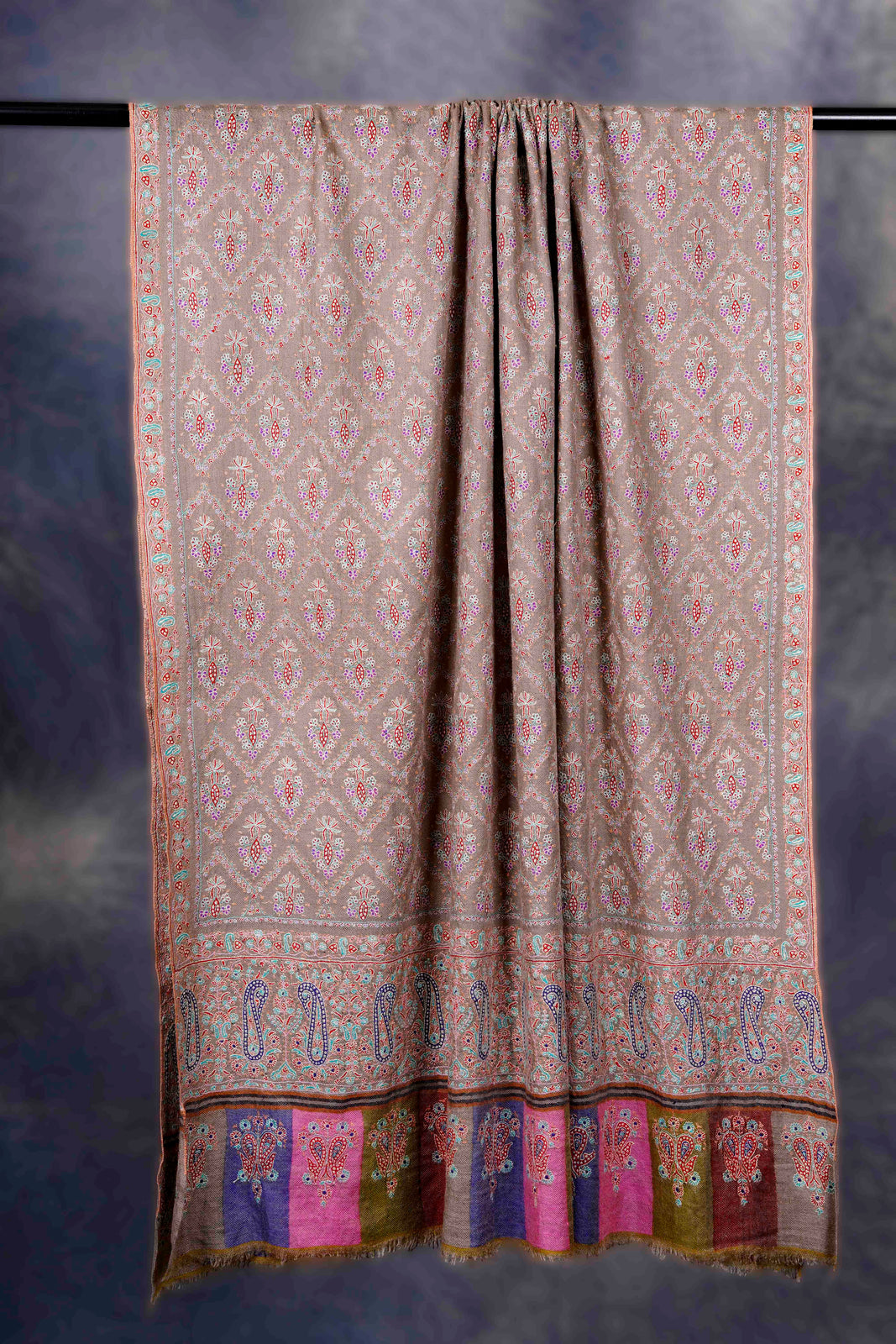 Natural Color with Multi-Color Border Pashmina Jamawar Embroidery Shawl