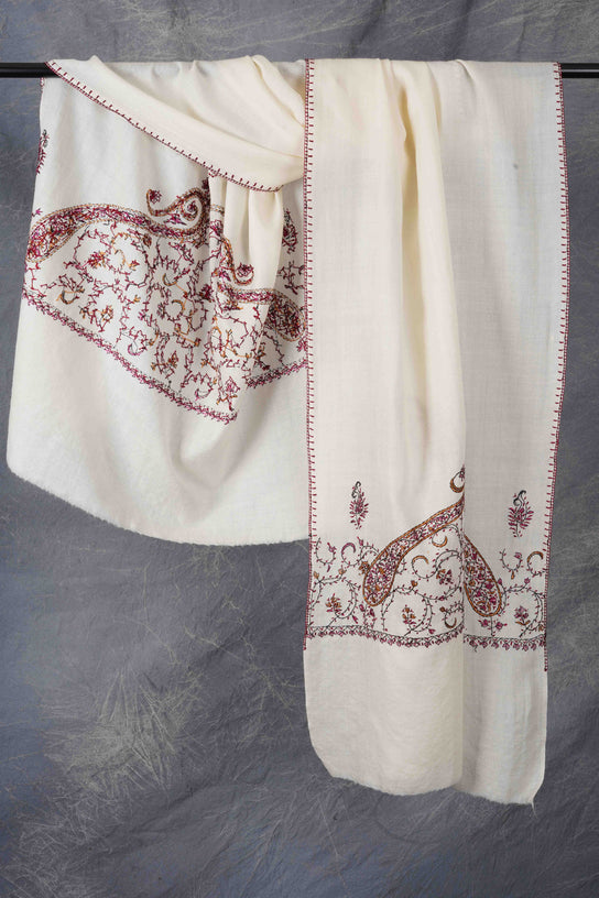 Ivory Base Big Border Sozni Embroidery Merino Wool Scarf