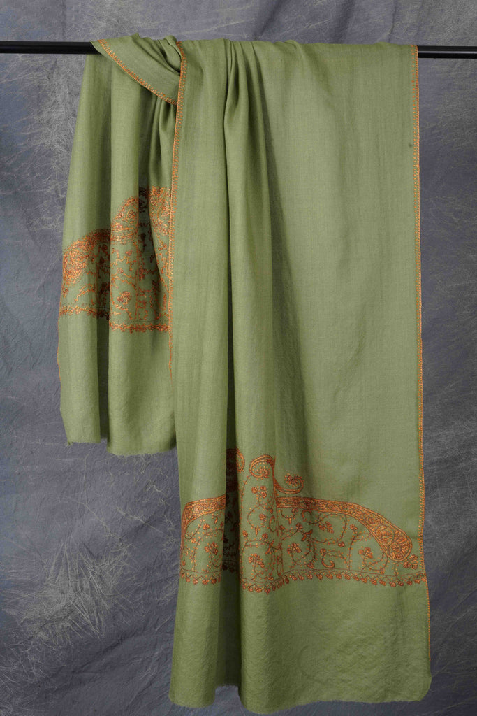 Light Green Base Big Border Sozni Embroidery Merino Wool Scarf