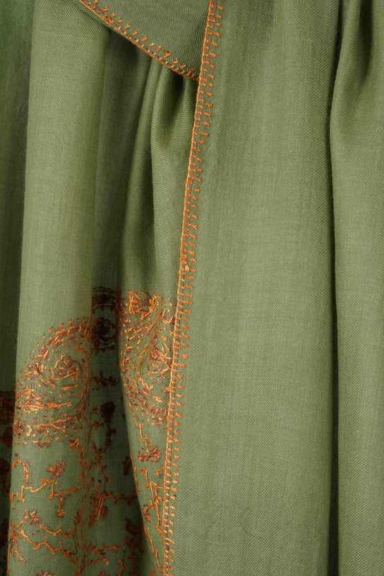 Light Green Base Big Border Sozni Embroidery Merino Wool Scarf