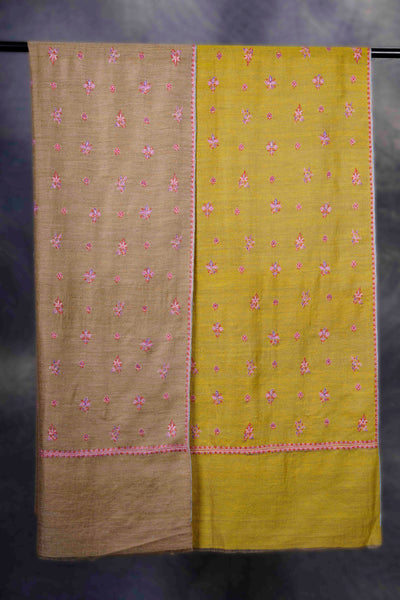 Reversible Mustard And Brown Boteh Motif Embroidery Cashmere Pashmina Shawl