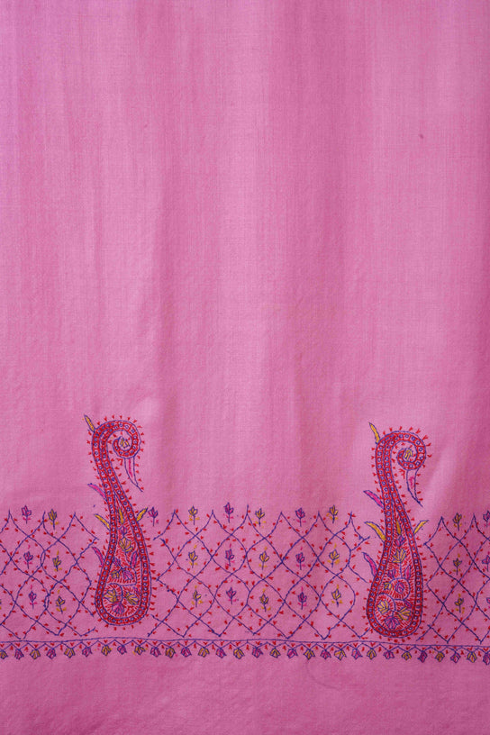 Pink Big Border Sozni Embroidery Merino Wool Scarf