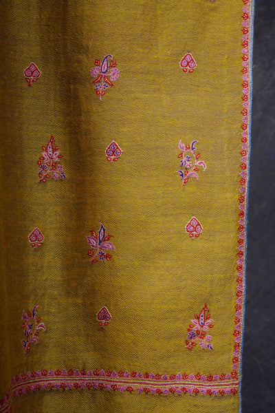 Reversible Mustard And Brown Boteh Motif Embroidery Cashmere Pashmina Shawl