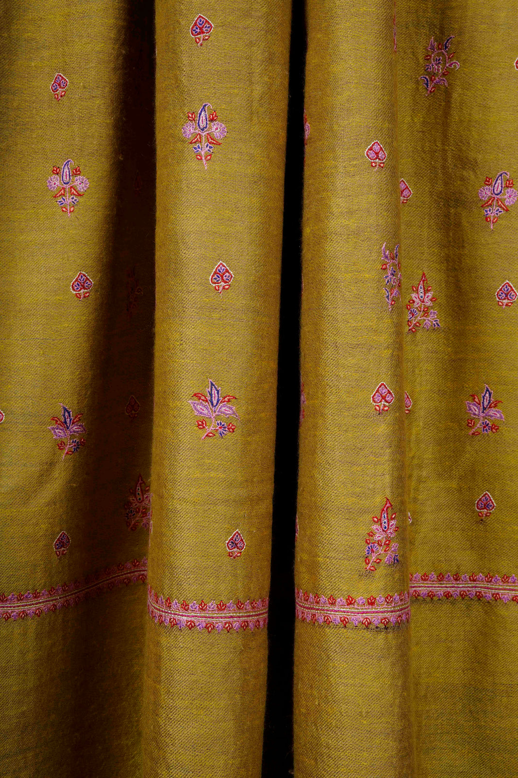 Reversible Mustard And Brown Boteh Motif Embroidery Cashmere Pashmina Shawl