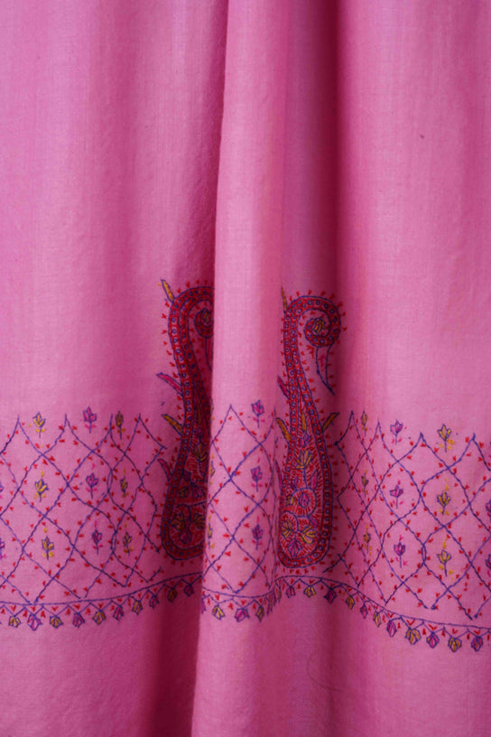 Pink Big Border Sozni Embroidery Merino Wool Scarf