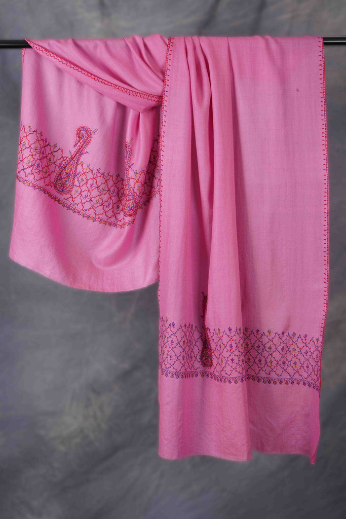 Pink Big Border Sozni Embroidery Merino Wool Scarf