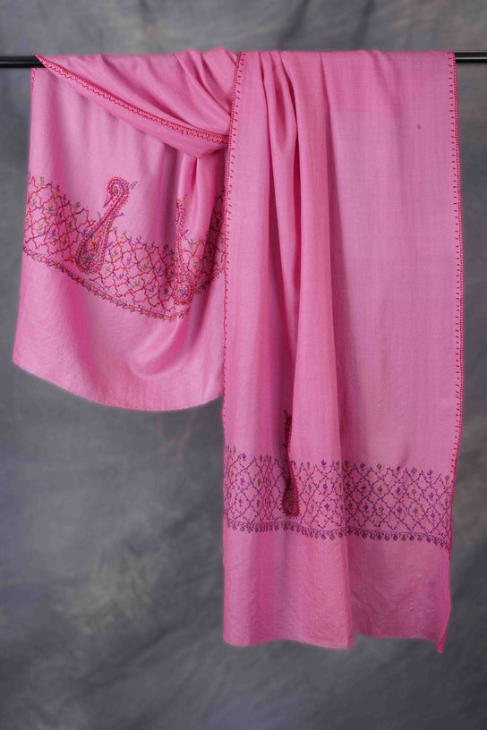 Pink Big Border Sozni Embroidery Merino Wool Scarf