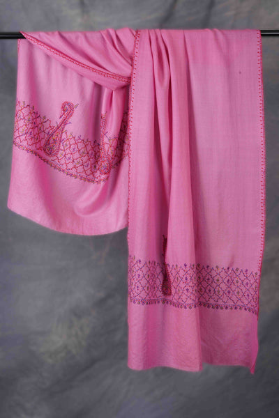 Pink Big Border Sozni Embroidery Merino Wool Scarf