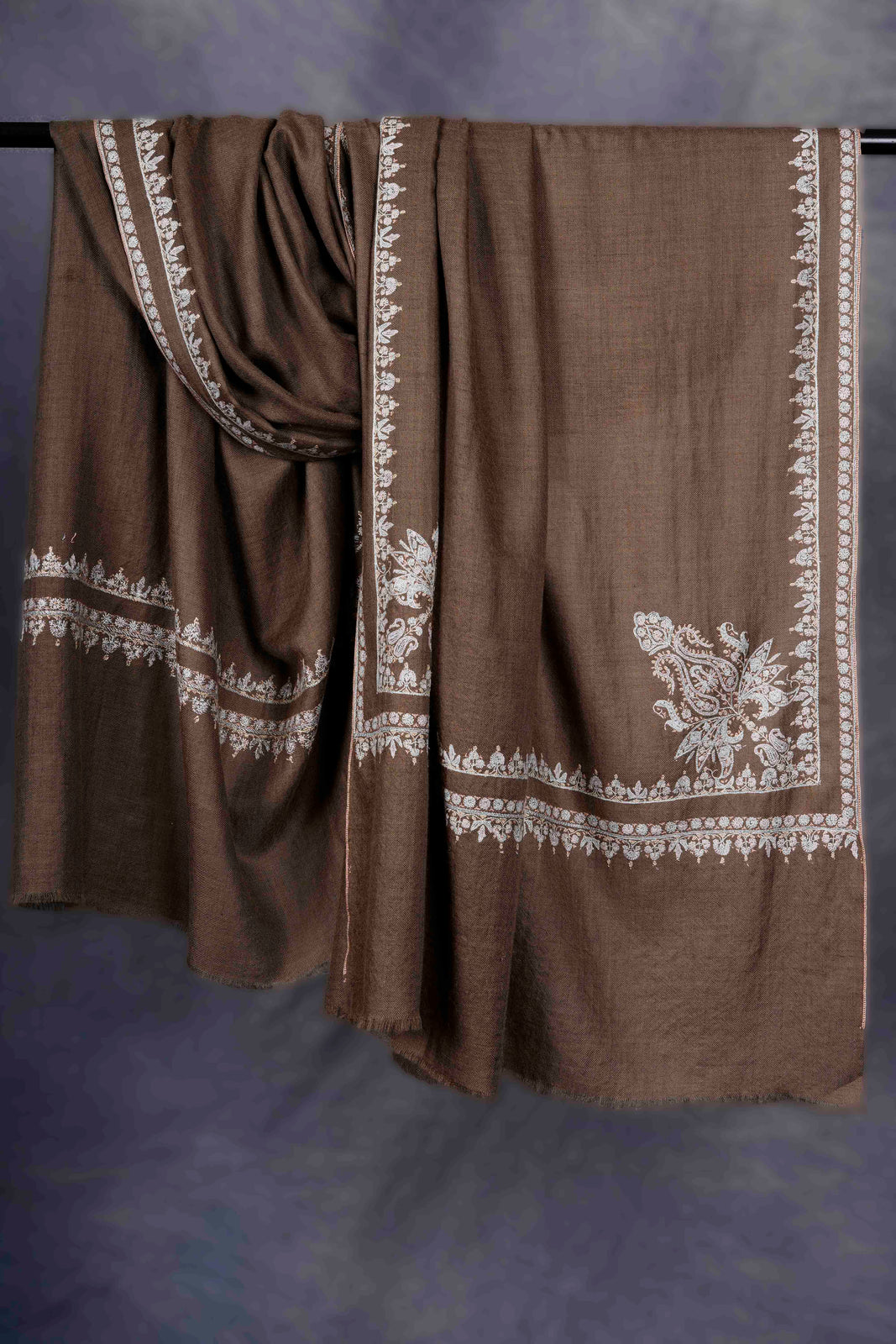 Brown Big Border Embroidery Cashmere Pashmina Shawl