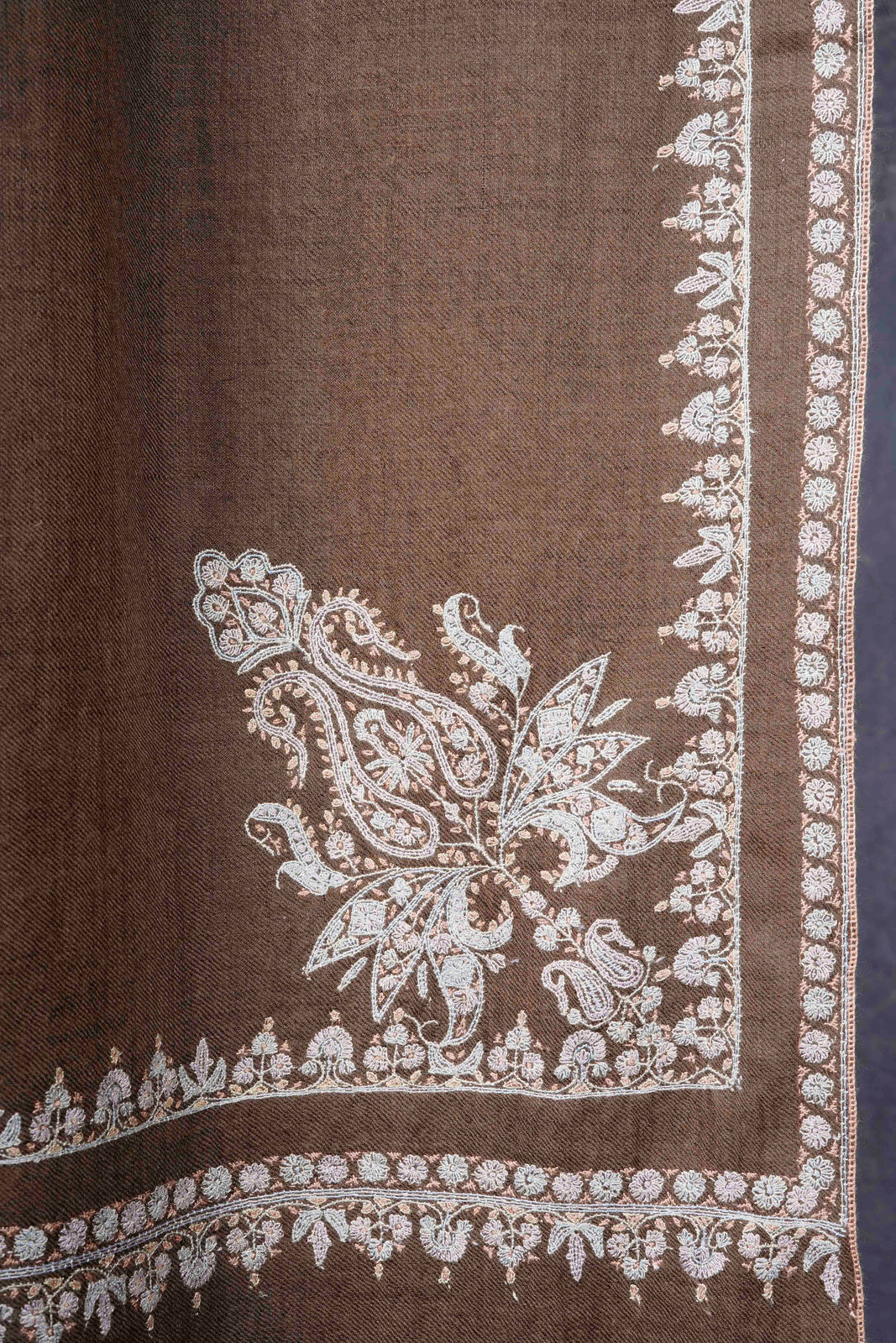 Brown Big Border Embroidery Cashmere Pashmina Shawl