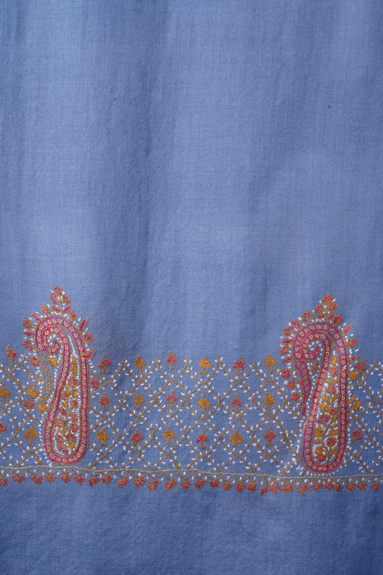 Sky Blue Big Border Sozni Embroidery Merino Wool Scarf