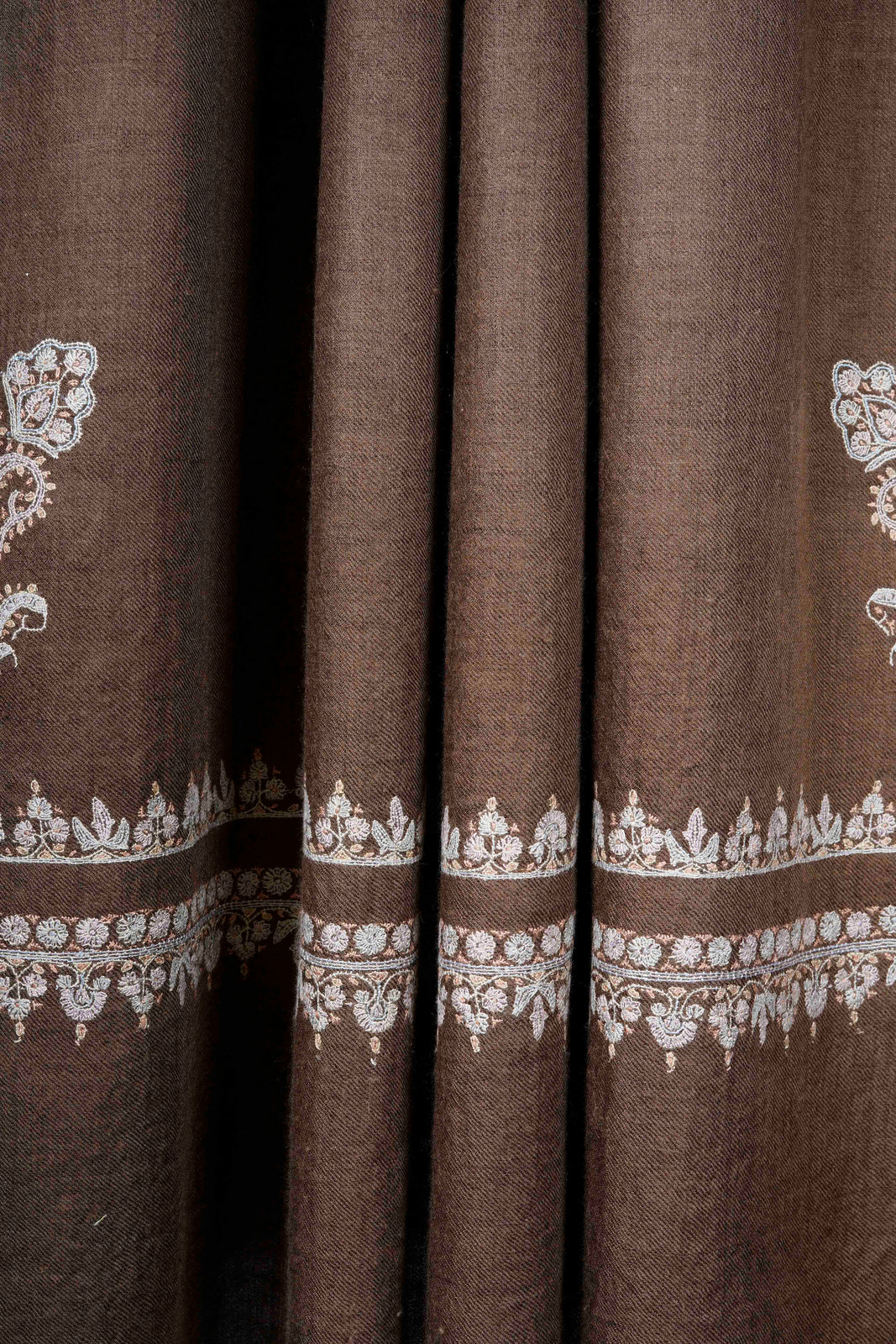 Brown Big Border Embroidery Cashmere Pashmina Shawl