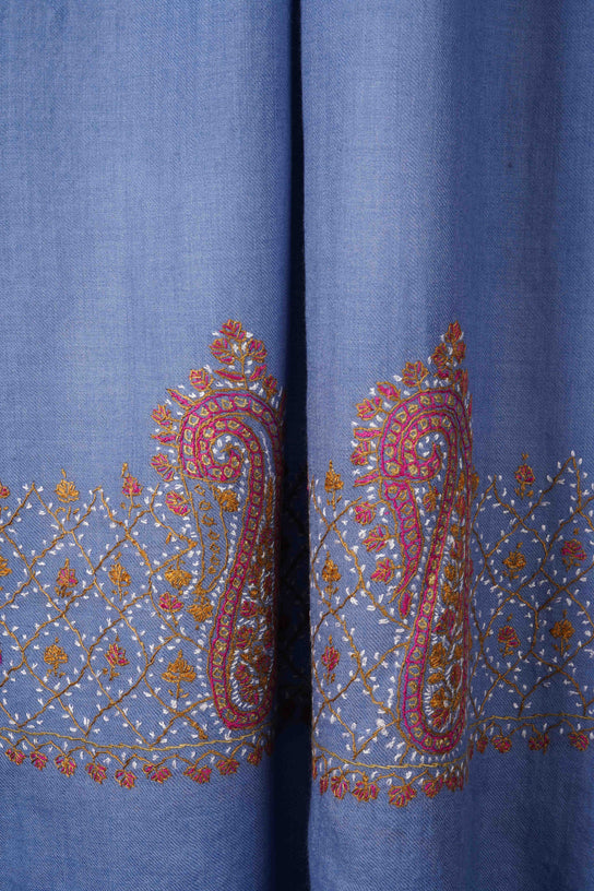 Sky Blue Big Border Sozni Embroidery Merino Wool Scarf