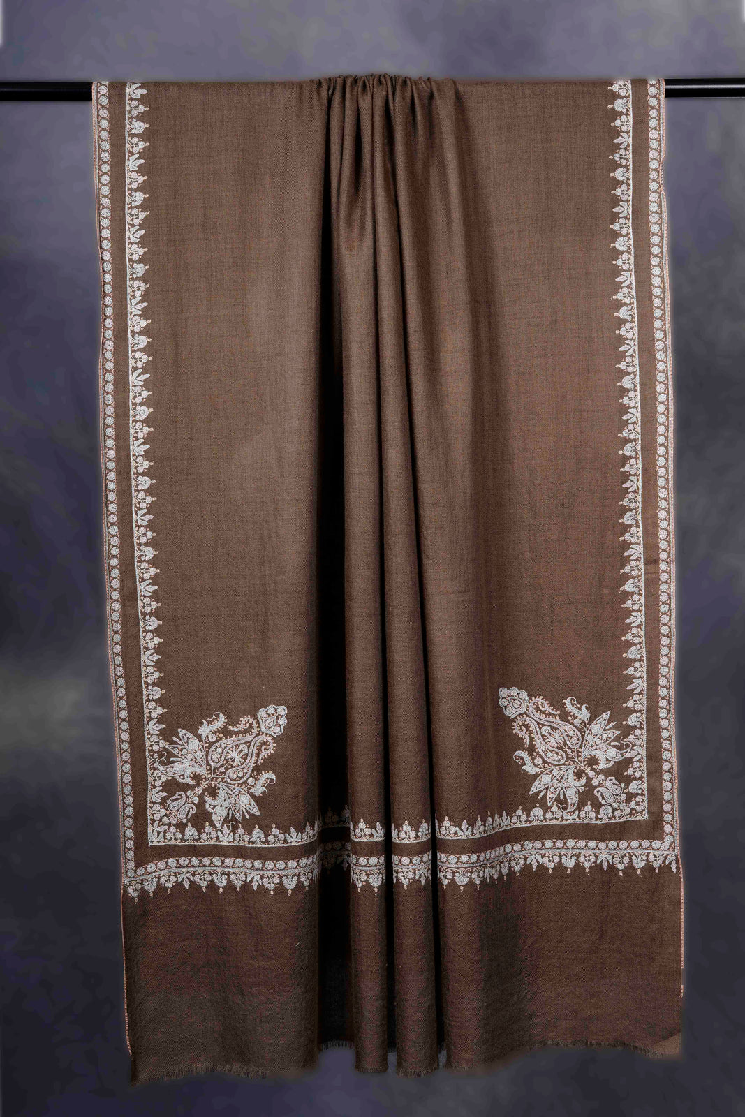 Brown Big Border Embroidery Cashmere Pashmina Shawl