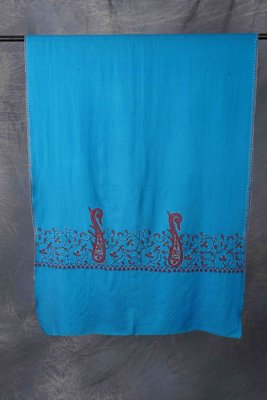 Dodger Blue Border Sozni Embroidery Merino Wool Scarf