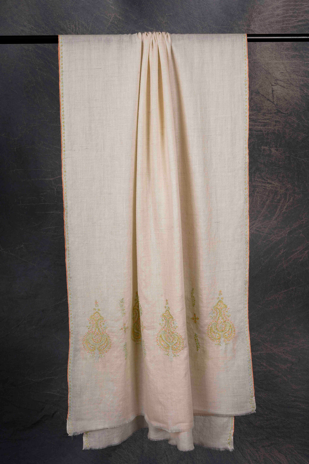 Ivory With Green Big Buteh Motif Border Embroidery Cashmere Pashmina Scarf