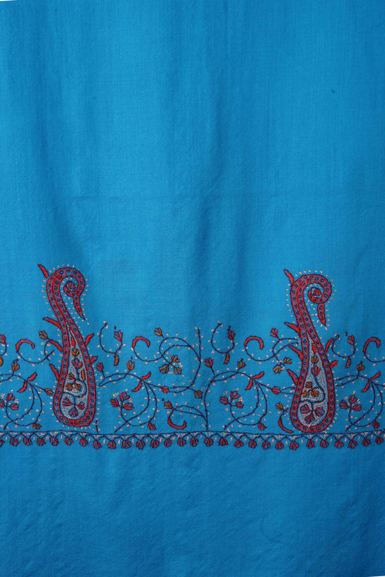 Dodger Blue Border Sozni Embroidery Merino Wool Scarf