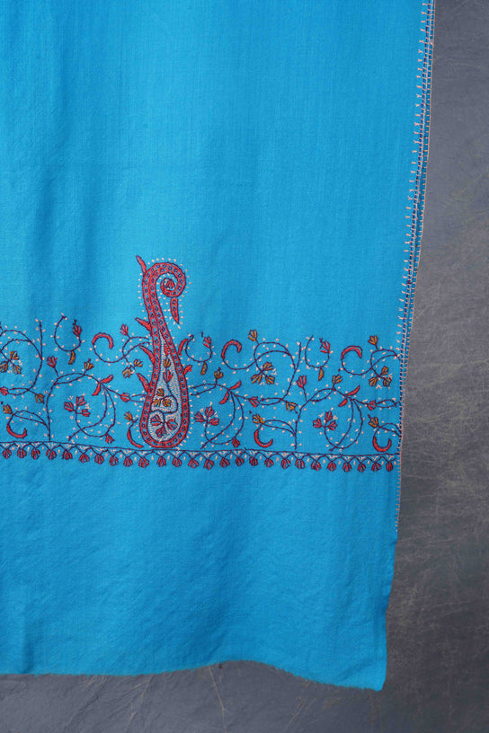 Dodger Blue Border Sozni Embroidery Merino Wool Scarf