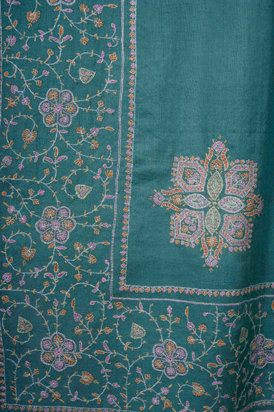 Green Big Border And Boteh Motif Embroidery Cashmere Pashmina Shawl