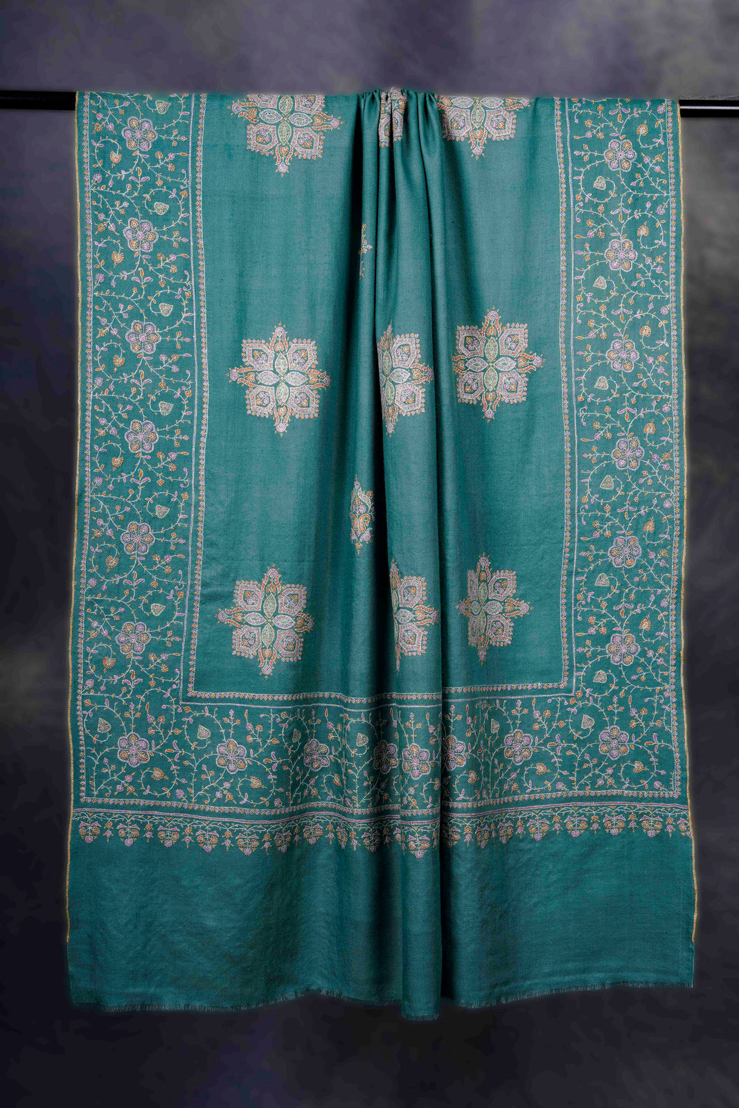 Green Big Border And Boteh Motif Embroidery Cashmere Pashmina Shawl