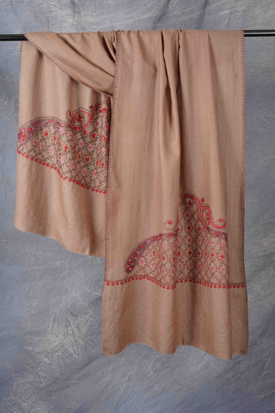 Natural Border Sozni Embroidery Merino Wool Scarf