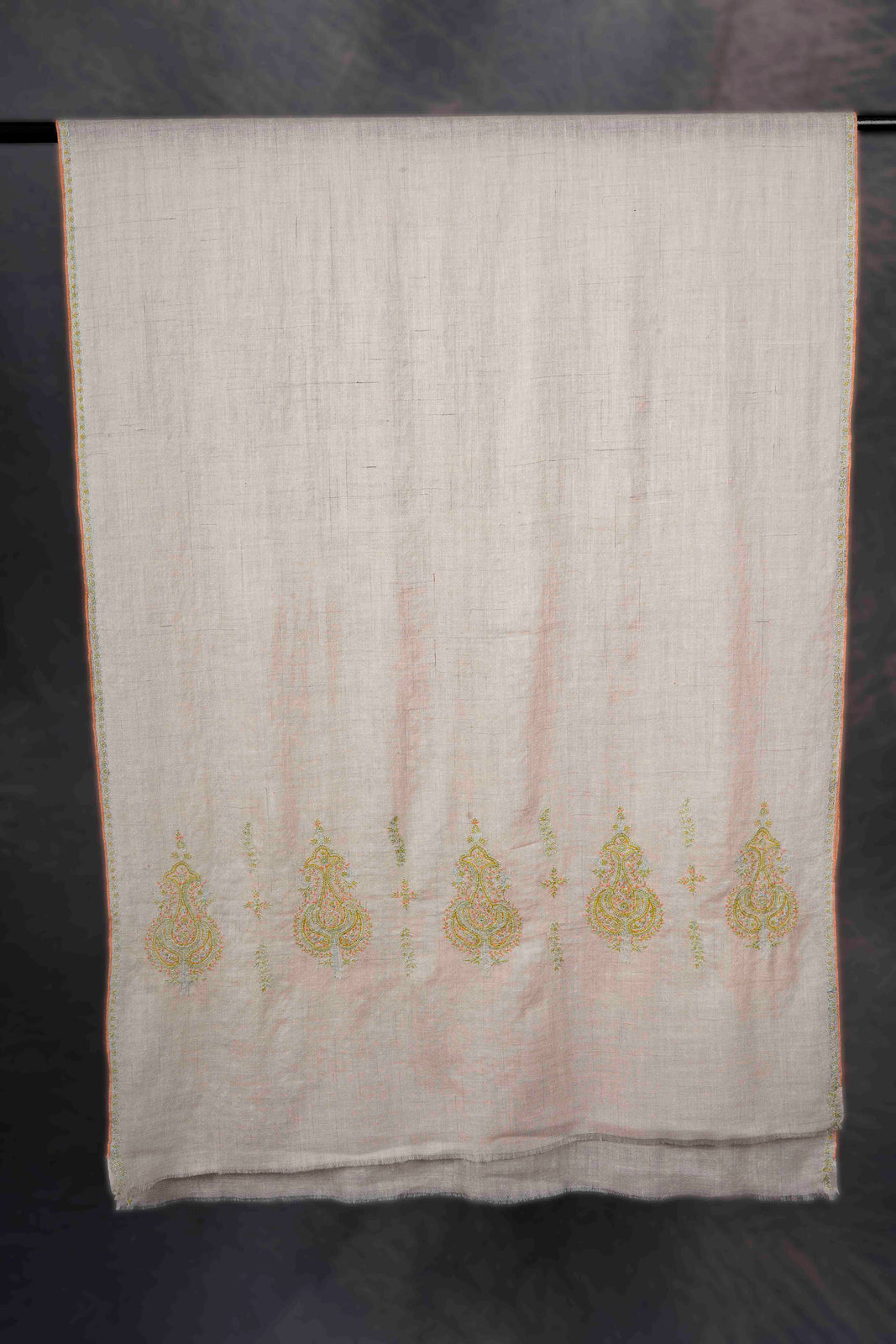 Ivory With Green Big Buteh Motif Border Embroidery Cashmere Pashmina Scarf