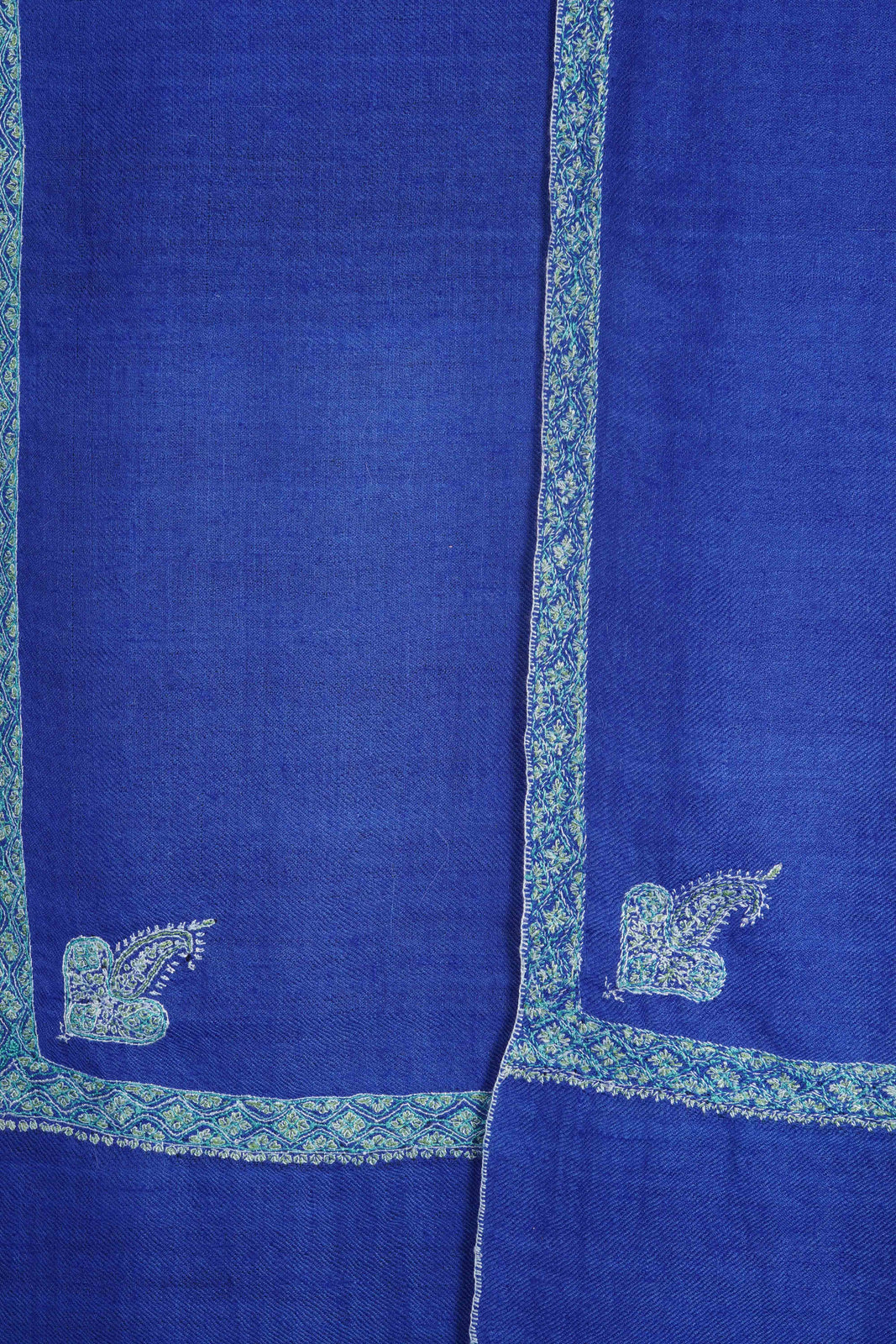 Royal Blue base Base Green Border Embroidery Cashmere Pashmina Scarf