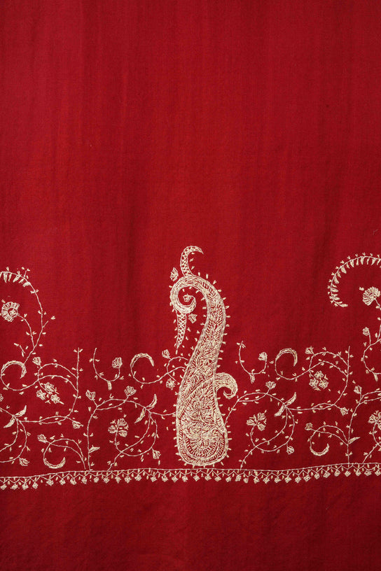 Maroon Big Border Sozni Embroidery Merino Wool Scarf