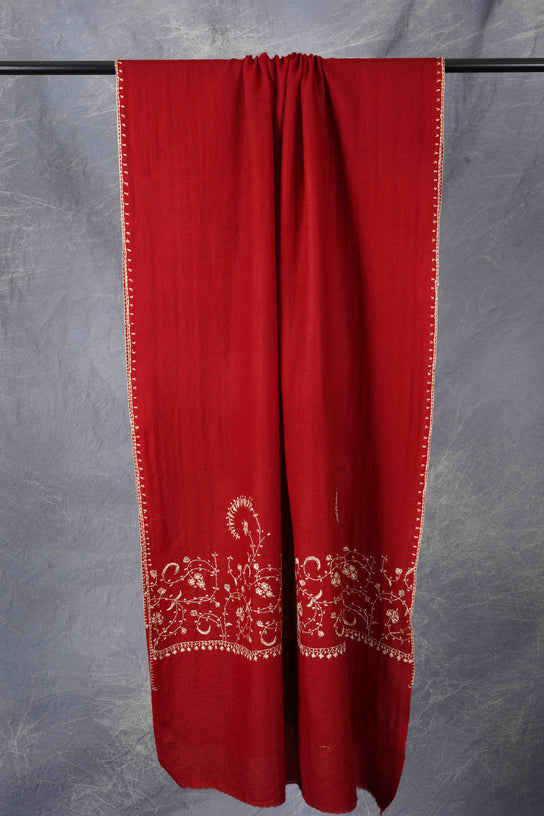 Maroon Big Border Sozni Embroidery Merino Wool Scarf