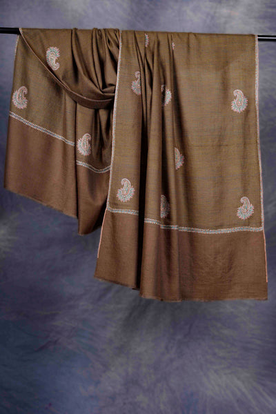 Brown With Boteh Motif Embroidery Cashmere Pashmina Shawl