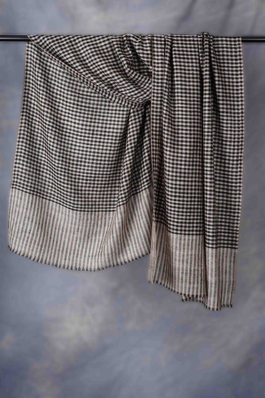 Small Black Check With Ivory Border Handwoven Cashmere Pashmina Scarf