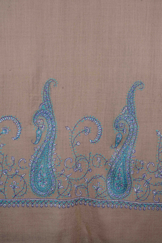 Natural Base Big Border Green Sozni Embroidery Merino Wool Scarf