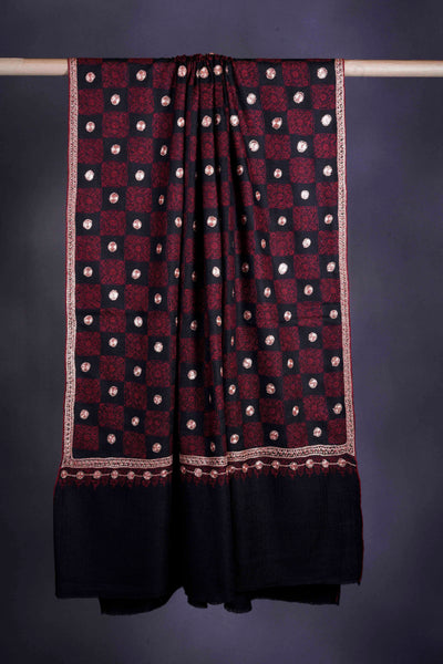 Maroon and Black Check Tilla Embroidery Pashmina Shawl