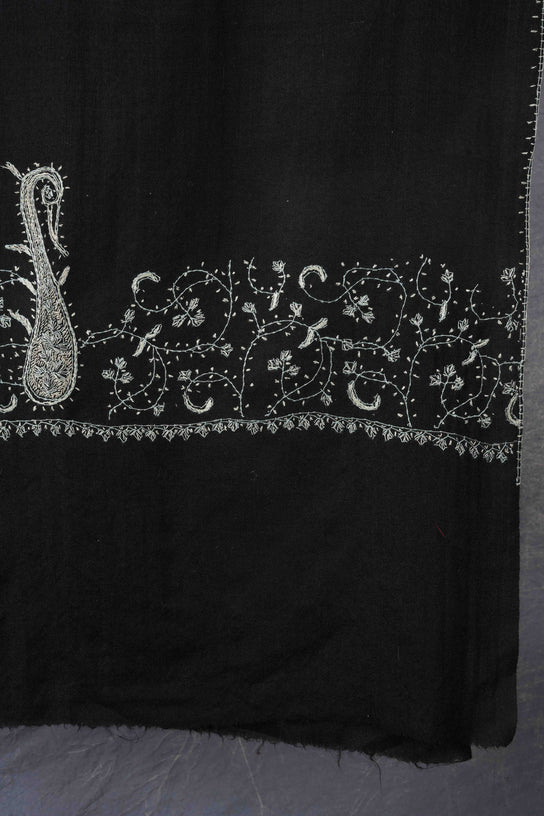 Black Base Big Border Sozni Embroidery Merino Wool Scarf