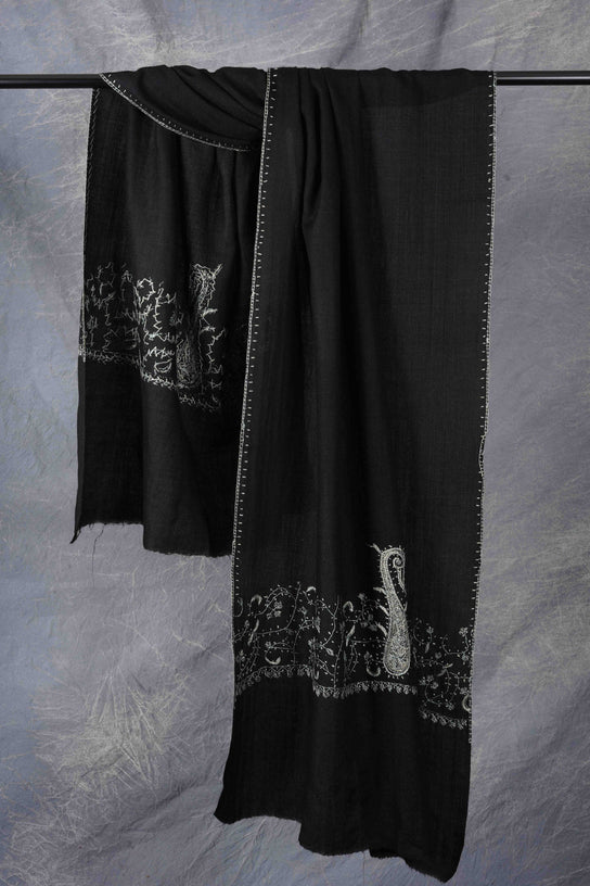 Black Base Big Border Sozni Embroidery Merino Wool Scarf