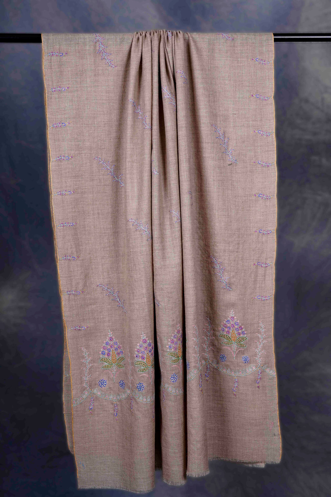 Natural Brown Big Motif Embroidery Cashmere Pashmina Shawl