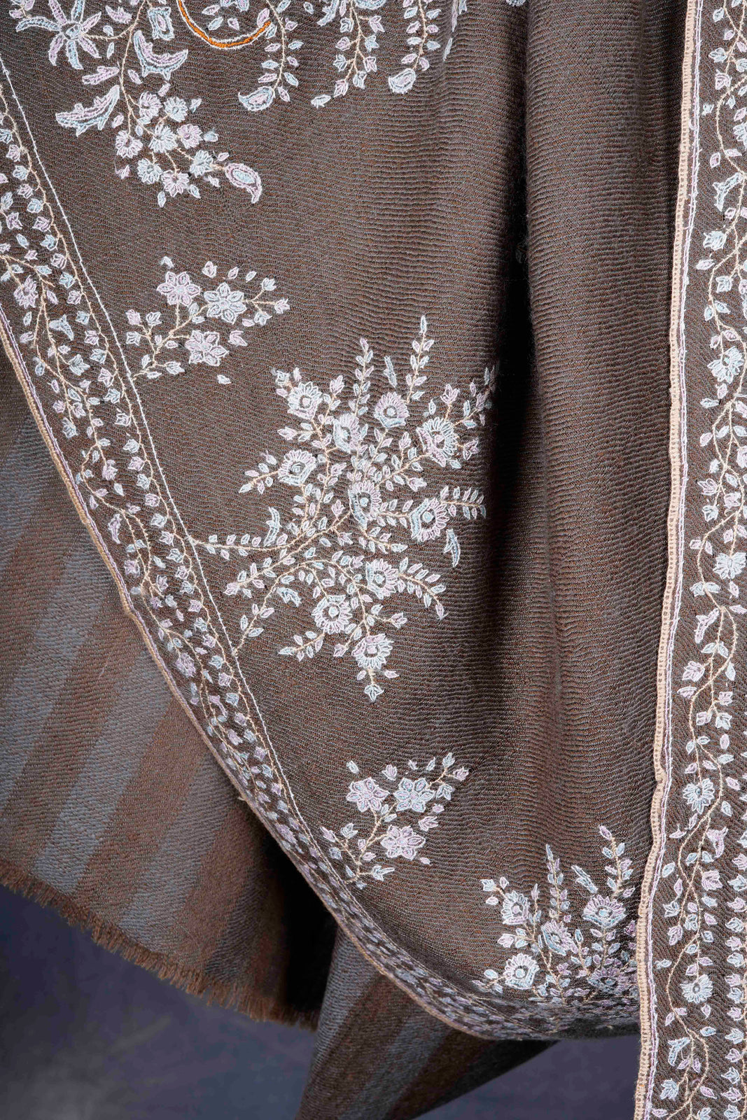 Brown Boteh Motif Embroidery Cashmere Pashmina Shawl