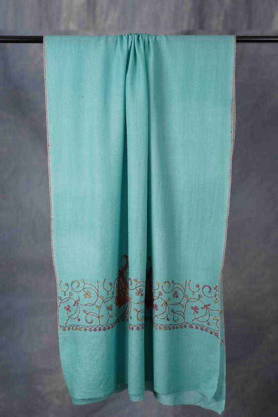 Light Turquoise Big Border Sozni Embroidery Merino Wool Scarf