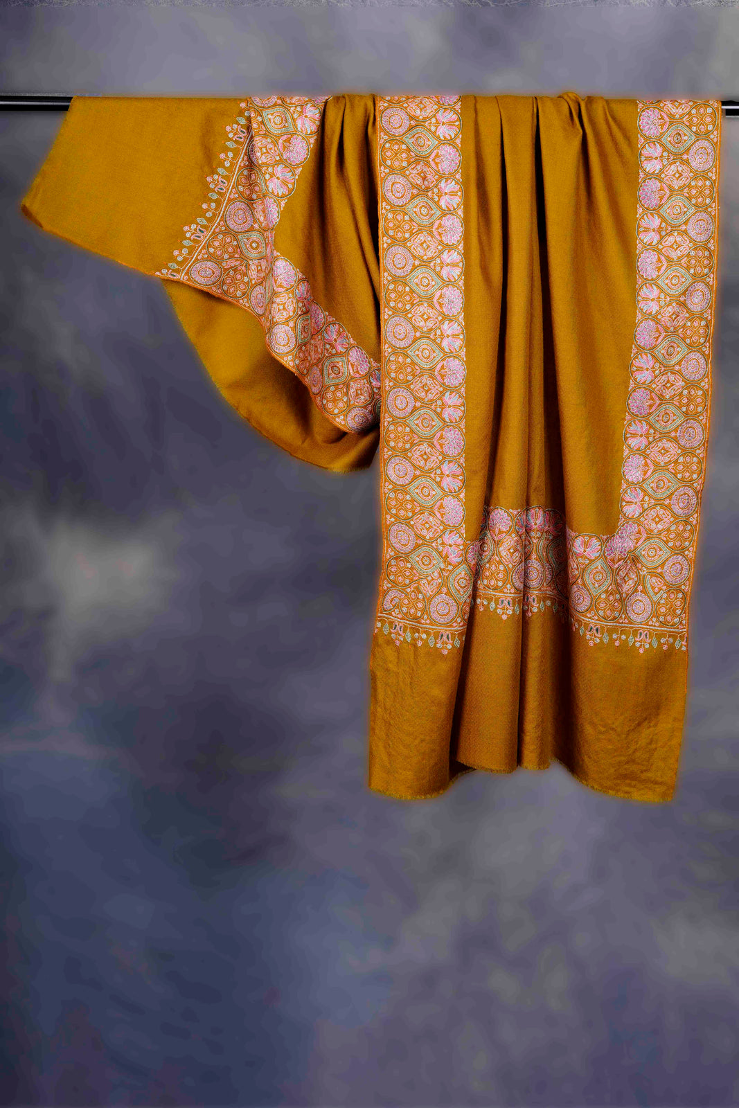 Mustard Multi- Color Big Border Embroidery Cashmere Pashmina Shawl